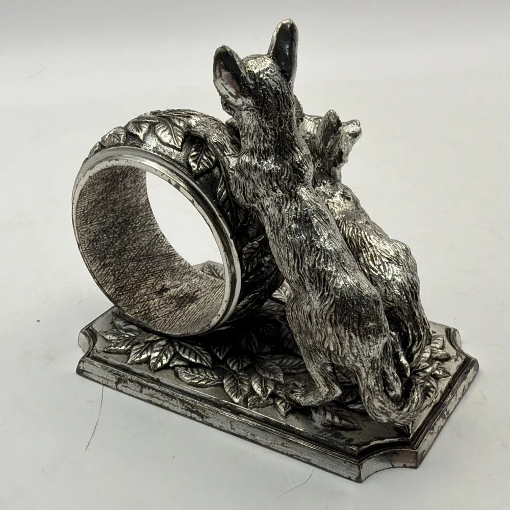 Franklin Mint Animals At Play Napkin Ring Silver Plate Canine Vintage 1977